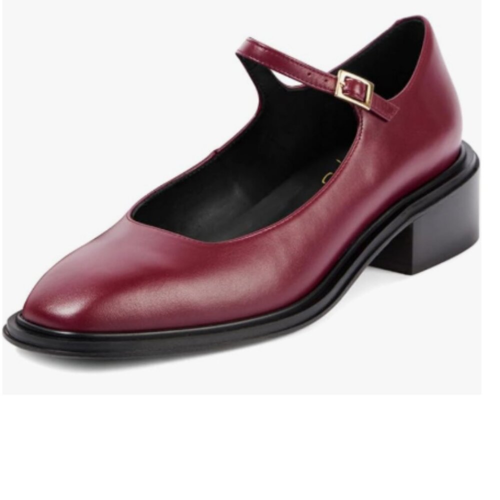 XYD Dark Wine Low Heel Mary Janes Square Toe Slender Strap Chunky Pumps